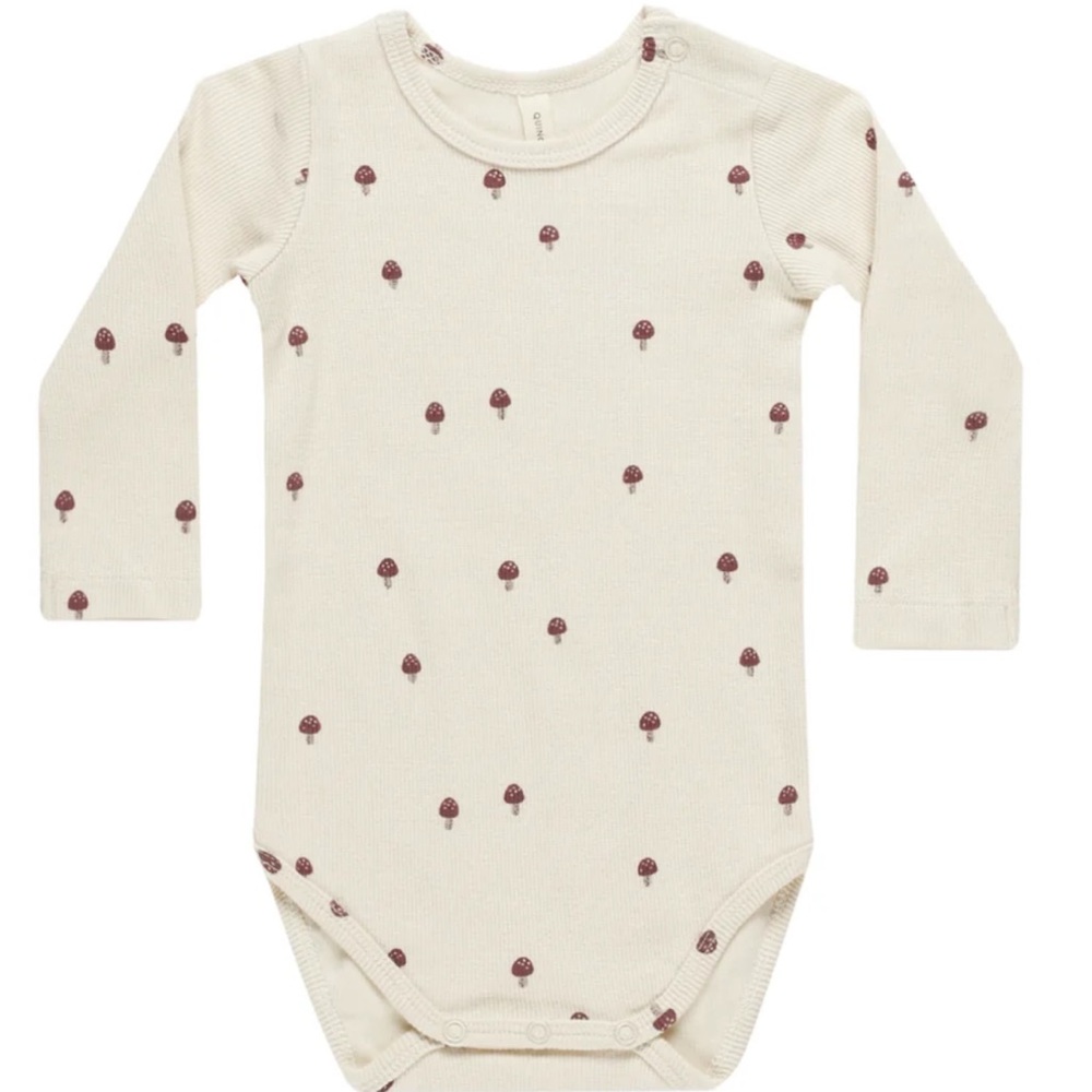 Quincy Mae Cream Long Sleeve Baby Bodysuit with Mushroom Accents